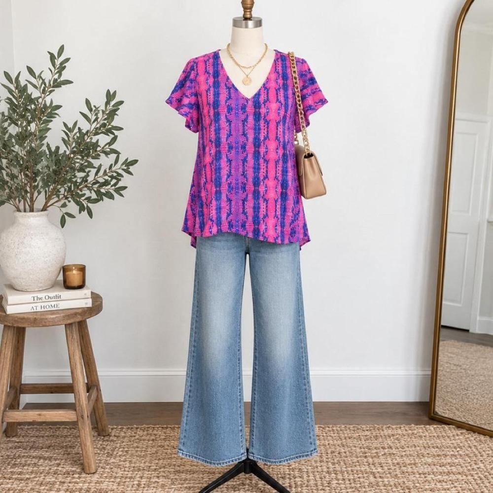 BuddyLove Pink & Blue Abstract Print Tunic Blouse Size Medium